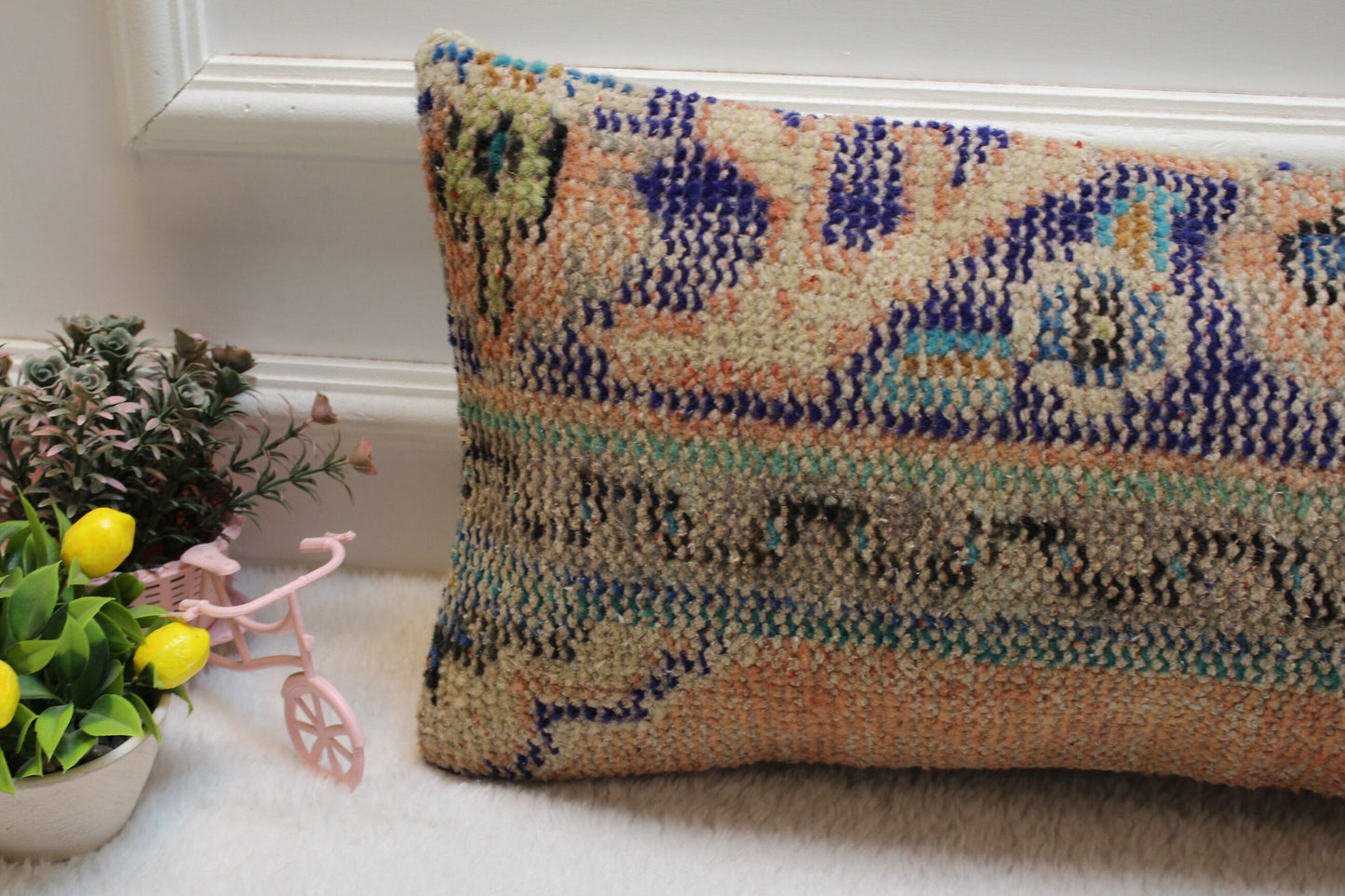 Vintage Turkish Rug Lumbar Pillow Cover: Blue & Orange Wool (12x24 in)