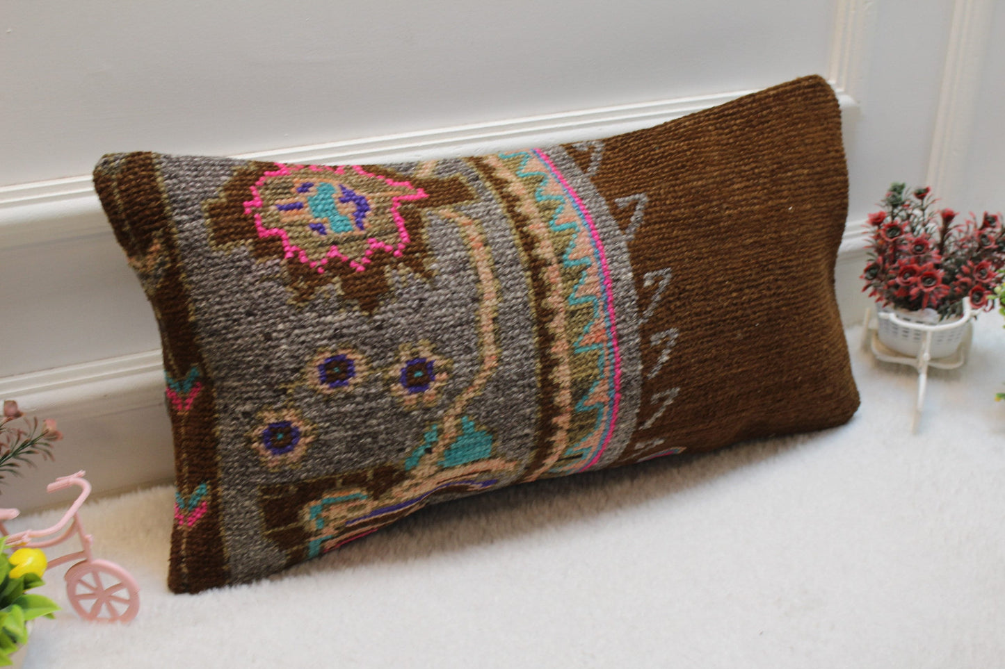 Vintage Turkish Rug Lumbar Pillow Cover: Brown & Gray, 12x24 inc