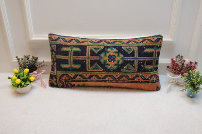 Vintage Turkish Rug Lumbar Pillow Cover: Orange, Blue, Green, 12x24 inc