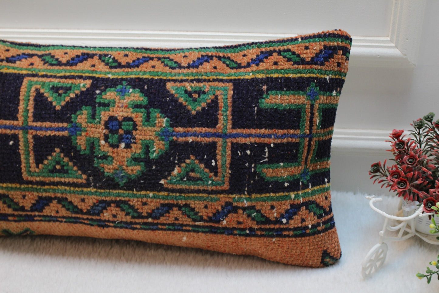 Vintage Turkish Rug Lumbar Pillow Cover: Orange, Blue, Green, 12x24 inc