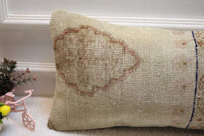 Handmade Turkish Rug Lumbar Pillow Cover: Organic Wool Kilim Pillow, 12x24 inch