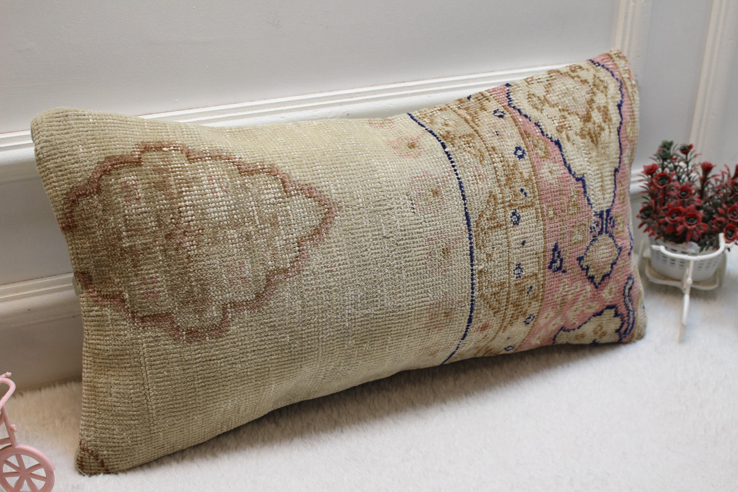 Handmade Turkish Rug Lumbar Pillow Cover: Organic Wool Kilim Pillow, 12x24 inch