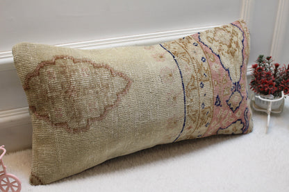 Handmade Turkish Rug Lumbar Pillow Cover: Organic Wool Kilim Pillow, 12x24 inch