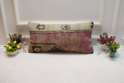 Handmade Turkish Rug Lumbar Pillow Cover: Purple Beige Kilim (12x24 in)