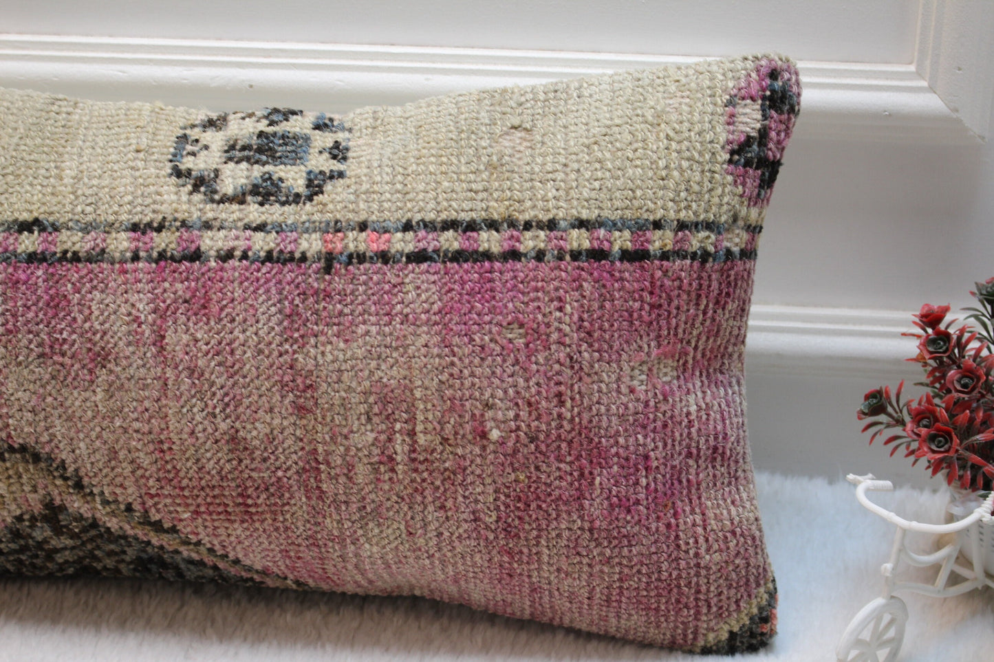 Handmade Turkish Rug Lumbar Pillow Cover: Purple Beige Kilim (12x24 in)