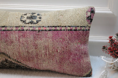Handmade Turkish Rug Lumbar Pillow Cover: Purple Beige Kilim (12x24 in)