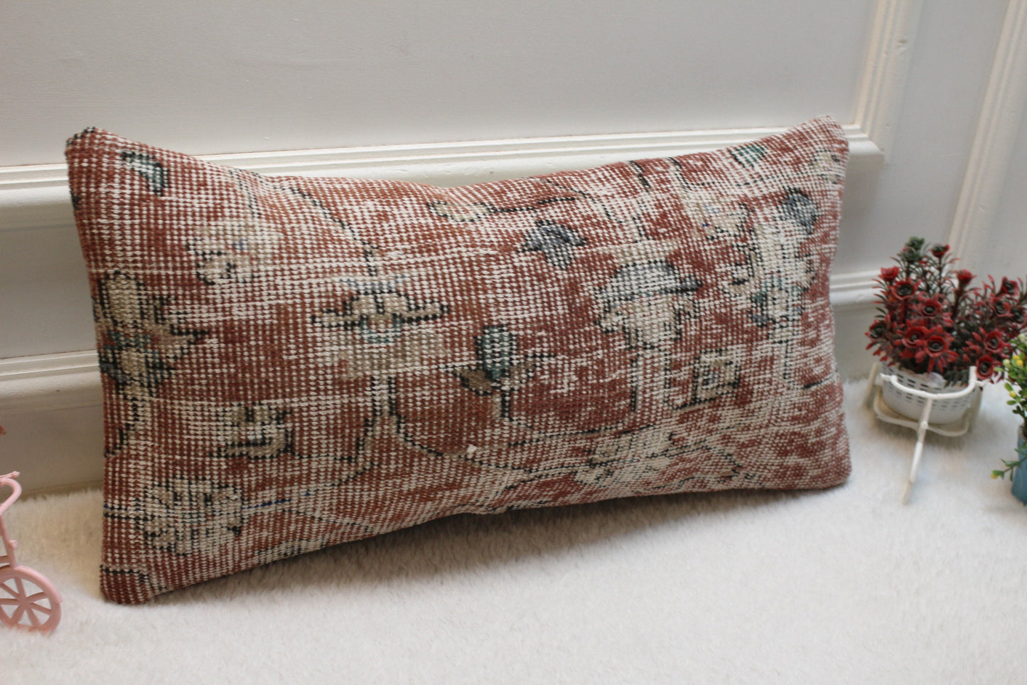 Handmade Lumbar Kilim Pillow Cover: Vintage Turkish Rug, 12x24 inch