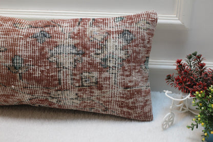 Handmade Lumbar Kilim Pillow Cover: Vintage Turkish Rug, 12x24 inch