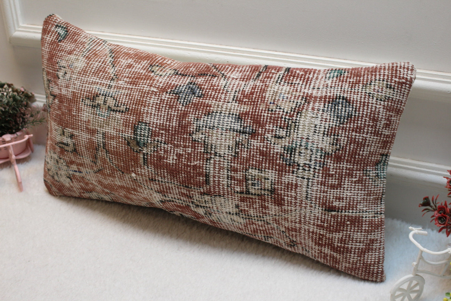 Handmade Lumbar Kilim Pillow Cover: Vintage Turkish Rug, 12x24 inch