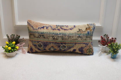 Handmade Kilim Lumbar Pillow Cover: Vintage Turkish Rug, 12x24 inch
