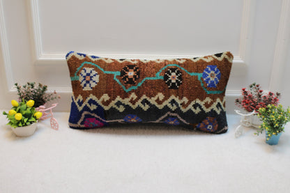 Handmade Turkish Kilim Lumbar Pillow Cover: Organic Wool, Vintage Rug (12x24 in)