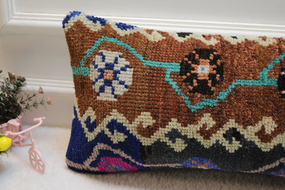 Handmade Turkish Kilim Lumbar Pillow Cover: Organic Wool, Vintage Rug (12x24 in)