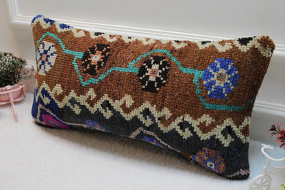 Handmade Turkish Kilim Lumbar Pillow Cover: Organic Wool, Vintage Rug (12x24 in)