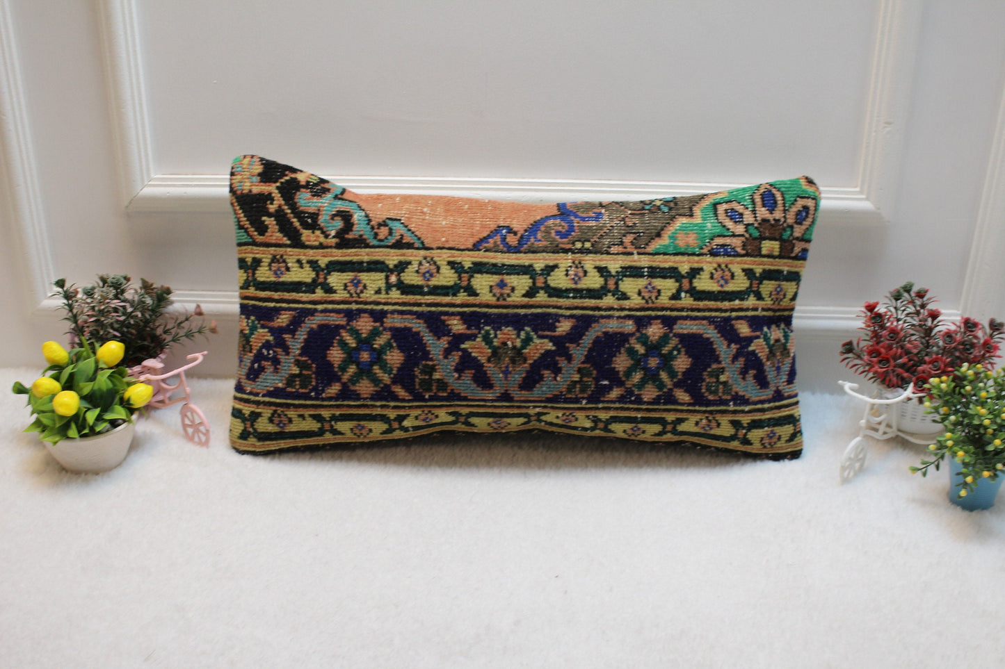 Geometric Turkish Rug Lumbar Pillow Cover: Vintage Woven Wool, 12x24 inc