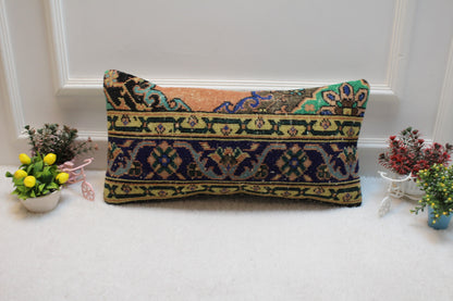 Geometric Turkish Rug Lumbar Pillow Cover: Vintage Woven Wool, 12x24 inc