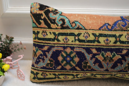 Geometric Turkish Rug Lumbar Pillow Cover: Vintage Woven Wool, 12x24 inc