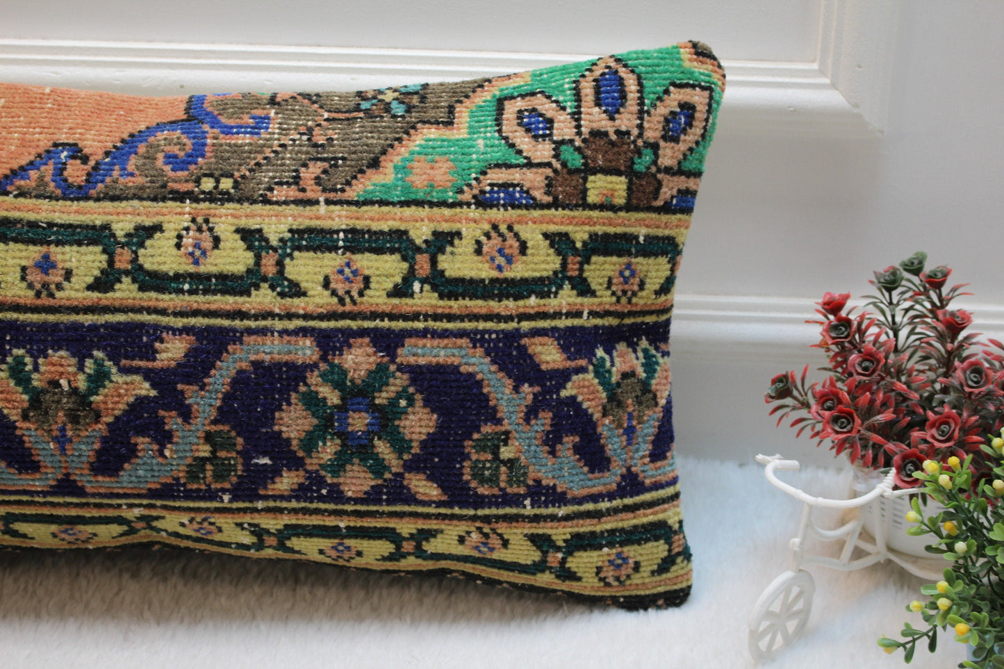 Geometric Turkish Rug Lumbar Pillow Cover: Vintage Woven Wool, 12x24 inc