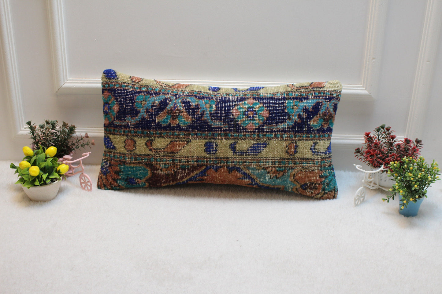 Vintage Turkish Rug Lumbar Pillow Cover: Blue Beige Woven Wool, 12x24 inc
