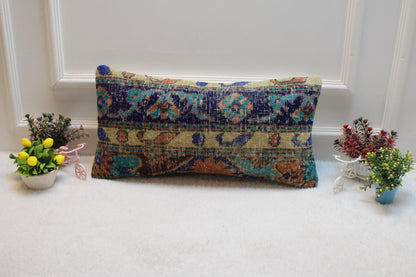 Vintage Turkish Rug Lumbar Pillow Cover: Blue Beige Woven Wool, 12x24 inc