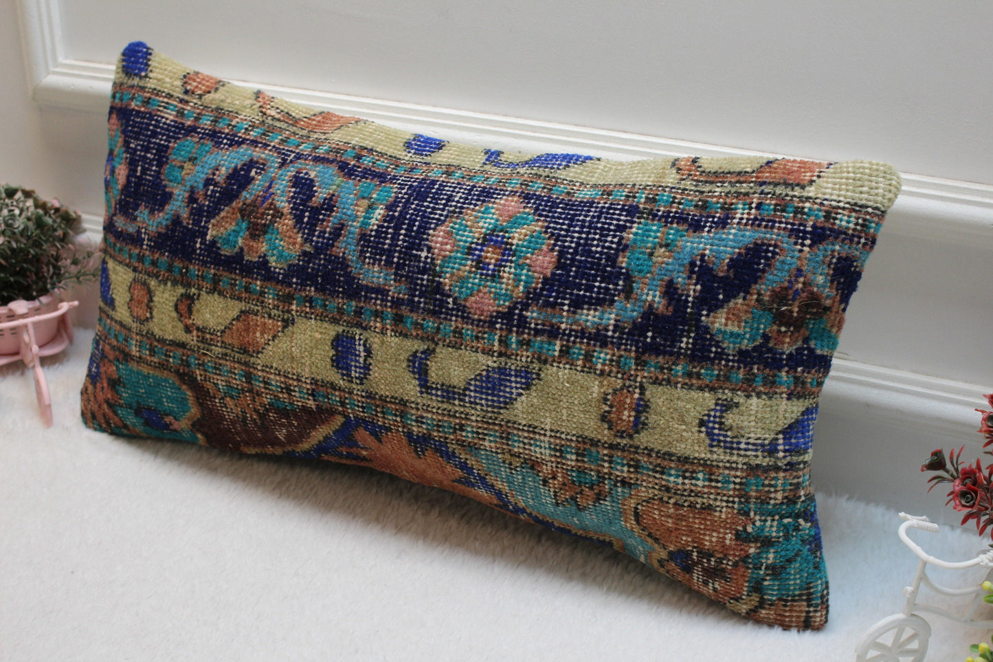 Vintage Turkish Rug Lumbar Pillow Cover: Blue Beige Woven Wool, 12x24 inc