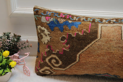 Vintage Turkish Rug Lumbar Pillow: Brown Wool Throw Pillow Case (12x24 in)