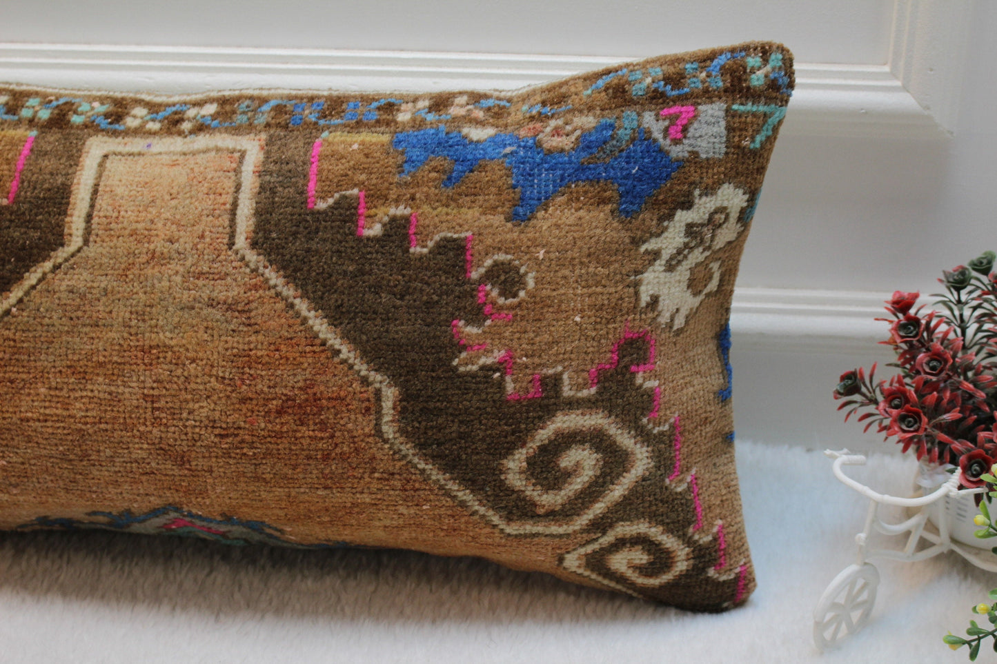 Vintage Turkish Rug Lumbar Pillow: Brown Wool Throw Pillow Case (12x24 in)