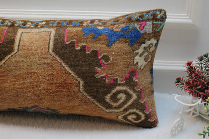 Vintage Turkish Rug Lumbar Pillow: Brown Wool Throw Pillow Case (12x24 in)