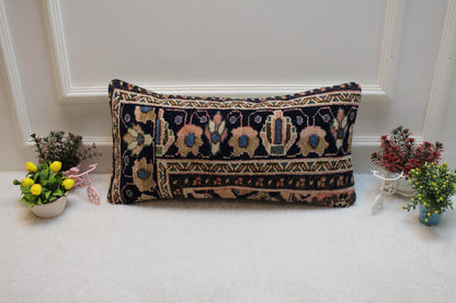 Blue Floral Kilim Lumbar Pillow Cover: Vintage Rug Pillow (12x24 in)