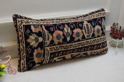 Blue Floral Kilim Lumbar Pillow Cover: Vintage Rug Pillow (12x24 in)