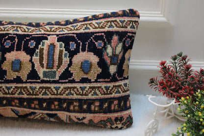 Blue Floral Kilim Lumbar Pillow Cover: Vintage Rug Pillow (12x24 in)