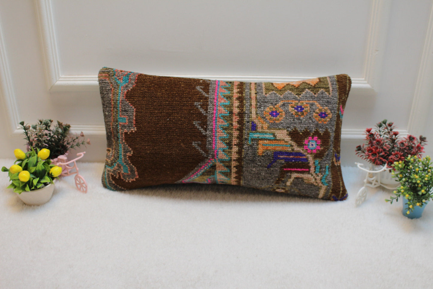 Handmade Turkish Kilim Lumbar Pillow Cover: Brown Woven Rug, 12x24 inc
