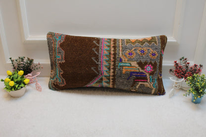 Handmade Turkish Kilim Lumbar Pillow Cover: Brown Woven Rug, 12x24 inc