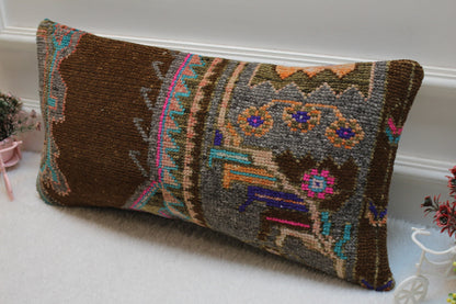 Handmade Turkish Kilim Lumbar Pillow Cover: Brown Woven Rug, 12x24 inc