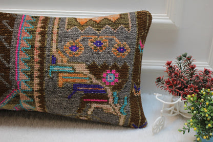Handmade Turkish Kilim Lumbar Pillow Cover: Brown Woven Rug, 12x24 inc