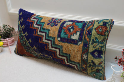 Handmade Lumbar Kilim Pillow Cover: Organic Wool Anatolian Design (12x24 inc)