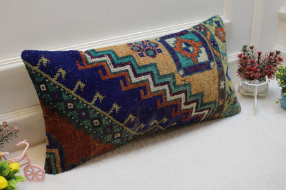 Handmade Lumbar Kilim Pillow Cover: Organic Wool Anatolian Design (12x24 inc)