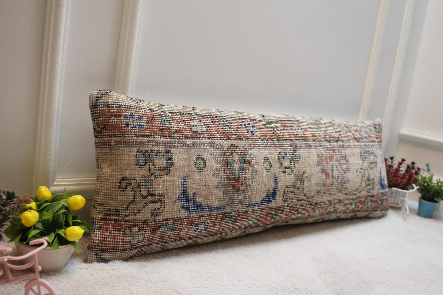 Floral Turkish Rug Lumbar Pillow Cover: Handmade Boho Decor (12x36 in)