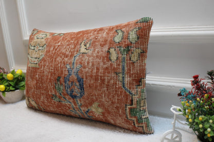 Handmade Red Wool Rug Pillow Cover: Upcycled Turkish Kilim (12x20 in)