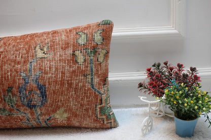 Handmade Red Wool Rug Pillow Cover: Upcycled Turkish Kilim (12x20 in)