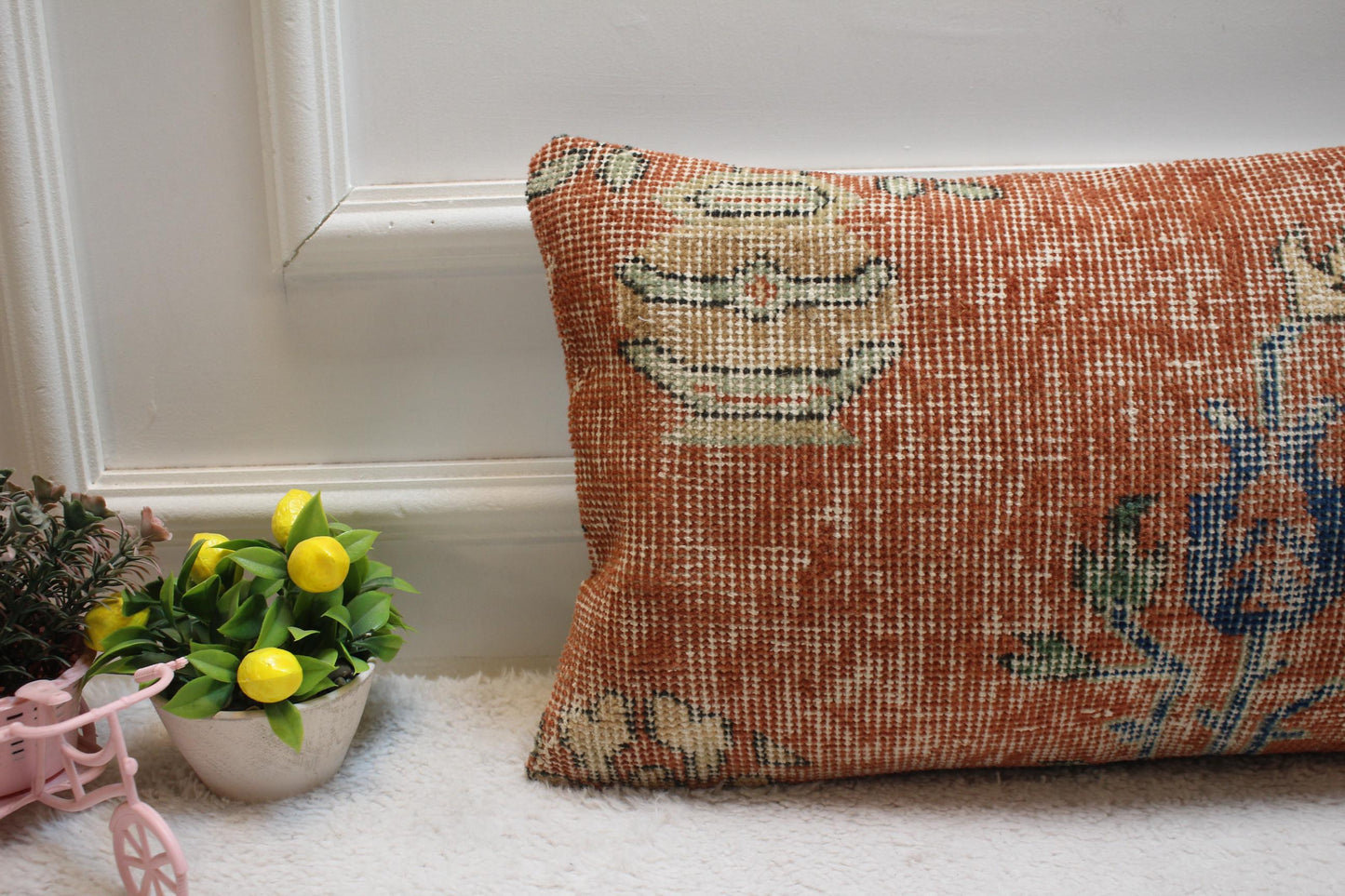 Handmade Red Wool Rug Pillow Cover: Upcycled Turkish Kilim (12x20 in)
