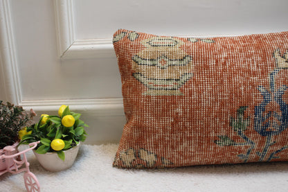 Handmade Red Wool Rug Pillow Cover: Upcycled Turkish Kilim (12x20 in)