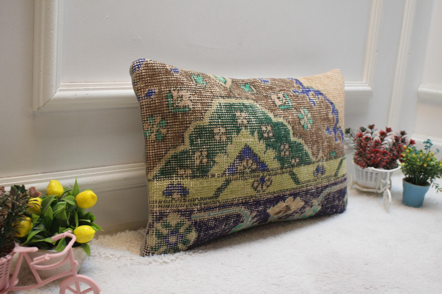 Handmade Turkish Rug Lumbar Pillow Cover: Anatolian Kilim Pillow (12x20 in)