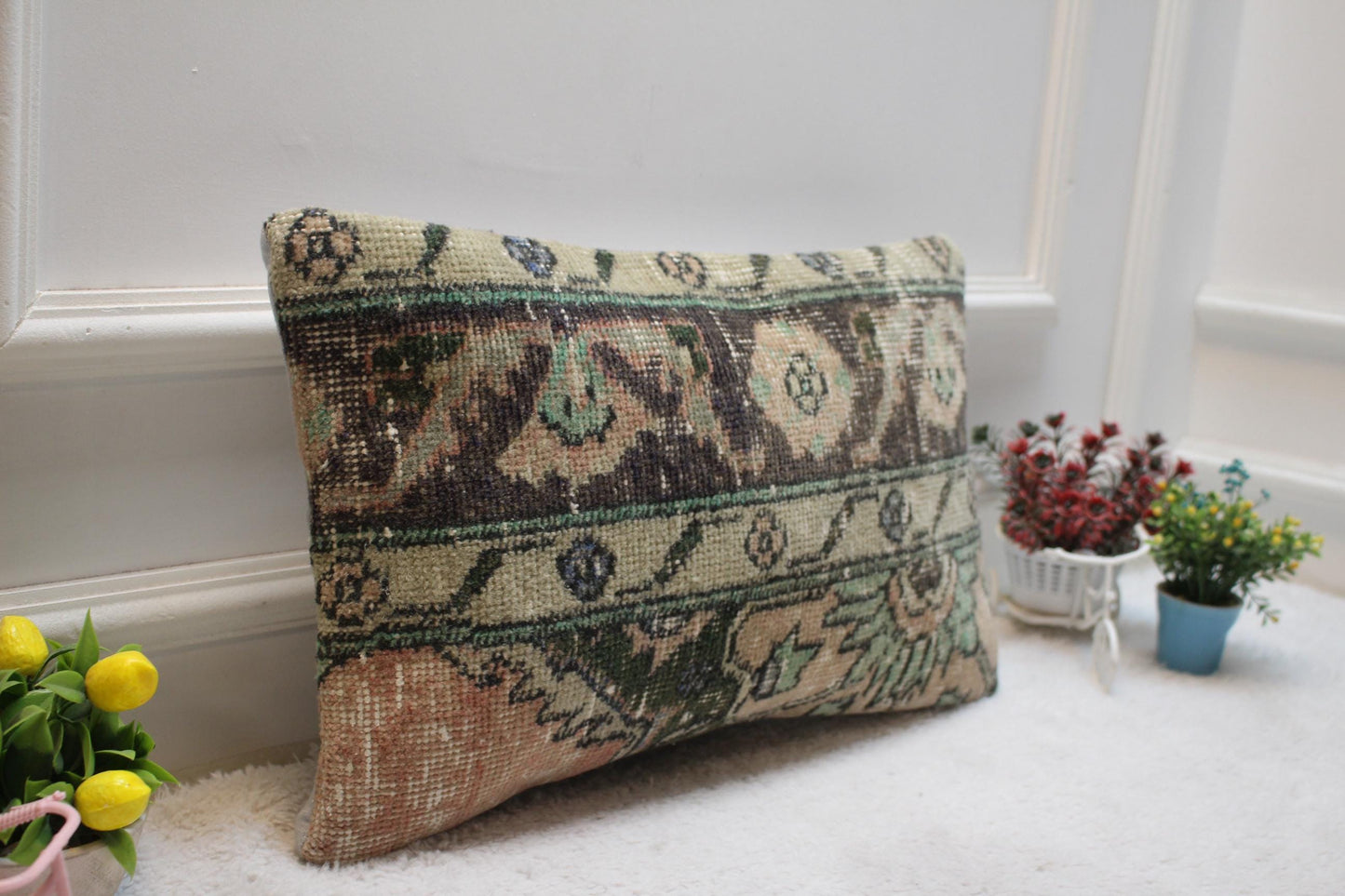 Floral Turkish Rug Lumbar Pillow Cover: Handmade Anatolian Pillow (12x20 in)