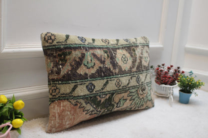 Floral Turkish Rug Lumbar Pillow Cover: Handmade Anatolian Pillow (12x20 in)
