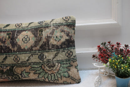 Floral Turkish Rug Lumbar Pillow Cover: Handmade Anatolian Pillow (12x20 in)