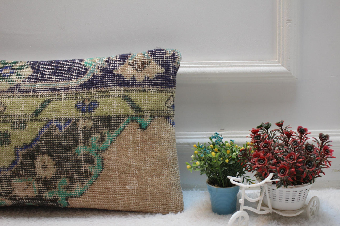 Blue Wool Lumbar Pillow Cover: Vintage Anatolian Kilim, 12x20 inc