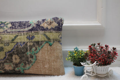 Blue Wool Lumbar Pillow Cover: Vintage Anatolian Kilim, 12x20 inc