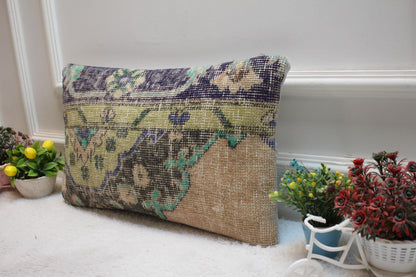 Blue Wool Lumbar Pillow Cover: Vintage Anatolian Kilim, 12x20 inc