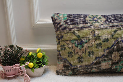 Blue Wool Lumbar Pillow Cover: Vintage Anatolian Kilim, 12x20 inc