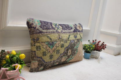 Blue Wool Lumbar Pillow Cover: Vintage Anatolian Kilim, 12x20 inc